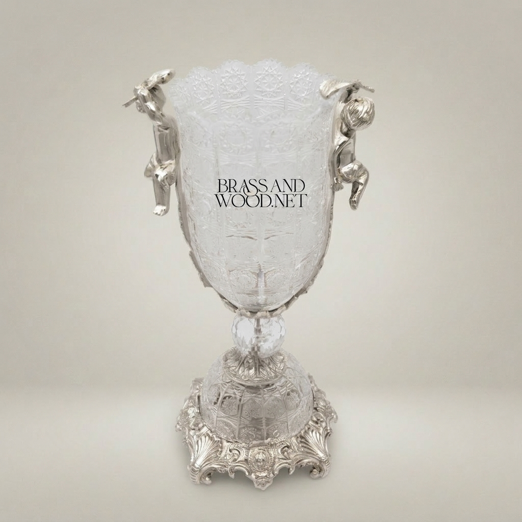 Baroque Cherub Crystal Trophy Vase with Engraved Body and Ornate Brass Base — Silver