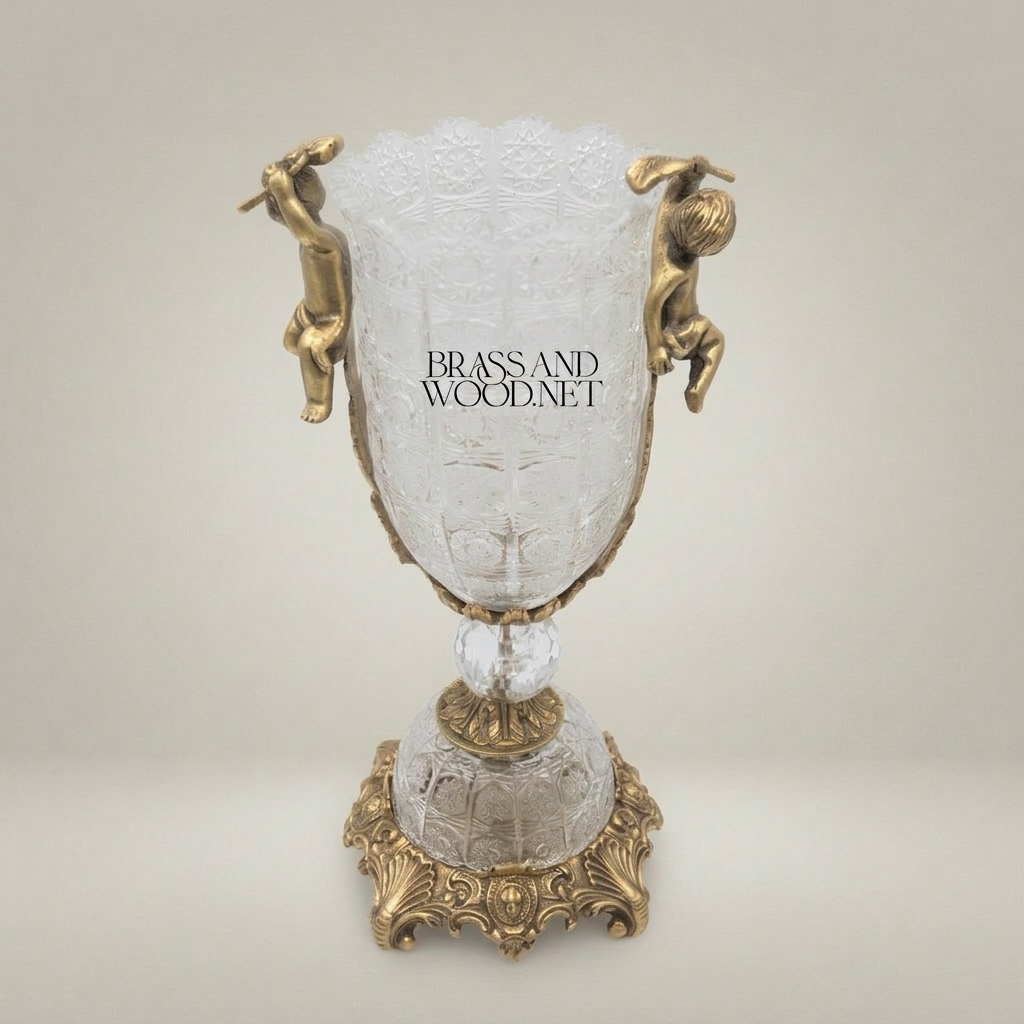 Baroque Cherub Crystal Trophy Vase with Engraved Body and Ornate Brass Base — Antique Gold