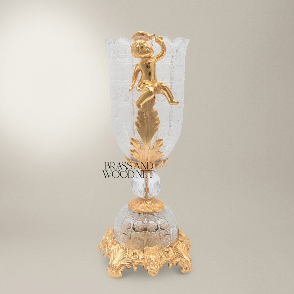 Baroque Cherub Crystal Trophy Vase with Engraved Body and Ornate Brass Base