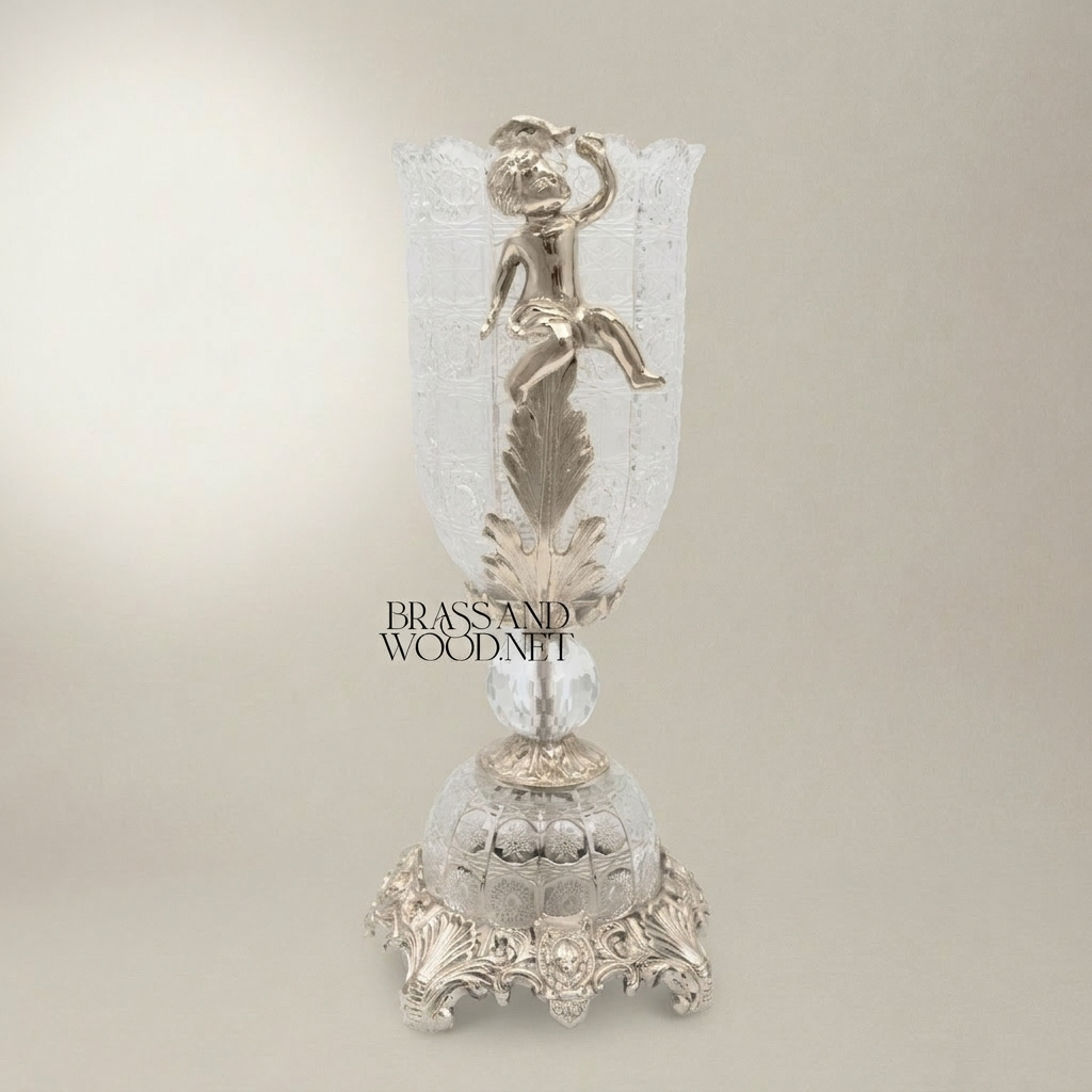 Baroque Cherub Crystal Trophy Vase with Engraved Body and Ornate Brass Base — Silver