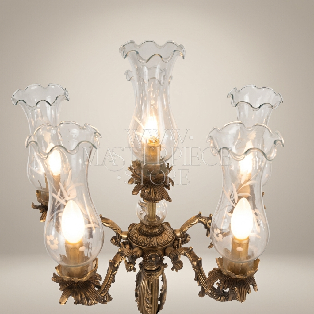 Baroque Five-Arm Brass Candelabra Floor Lamp with Fluted Column & Blown Glass Shades — Antique Gold