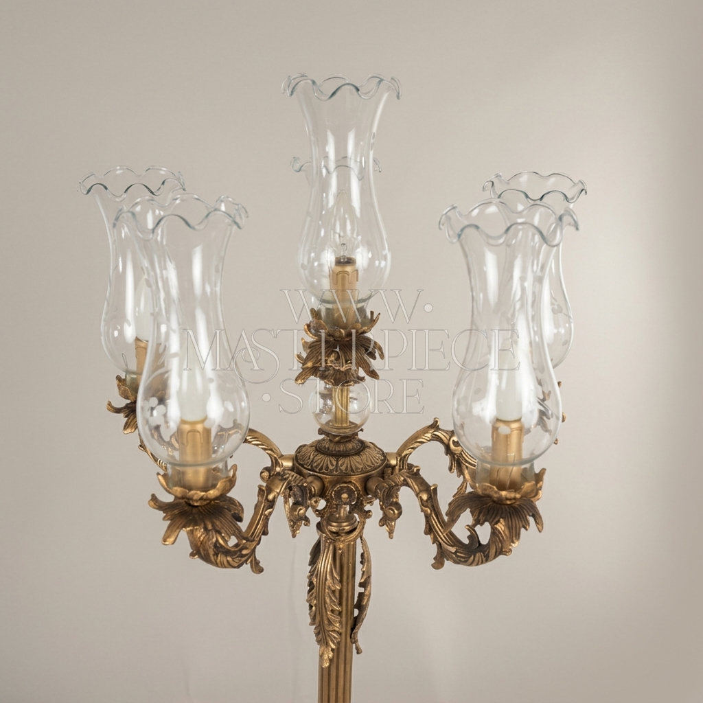 Baroque Five-Arm Brass Candelabra Floor Lamp with Fluted Column & Blown Glass Shades — Antique Gold