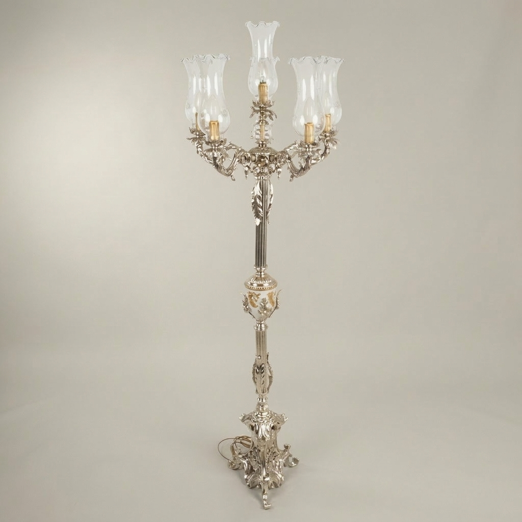 Baroque Five-Arm Brass Candelabra Floor Lamp with Fluted Column & Blown Glass Shades — Silver