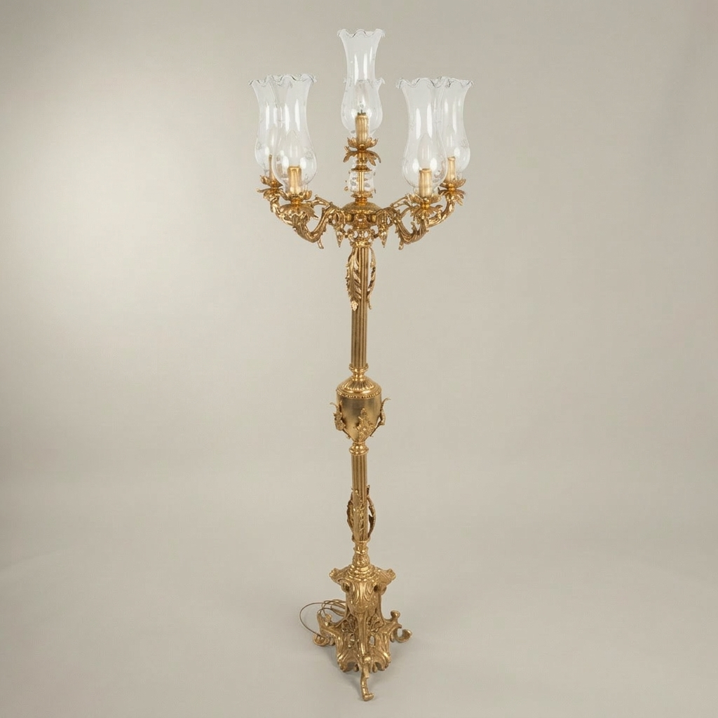 Baroque Five-Arm Brass Candelabra Floor Lamp with Fluted Column & Blown Glass Shades