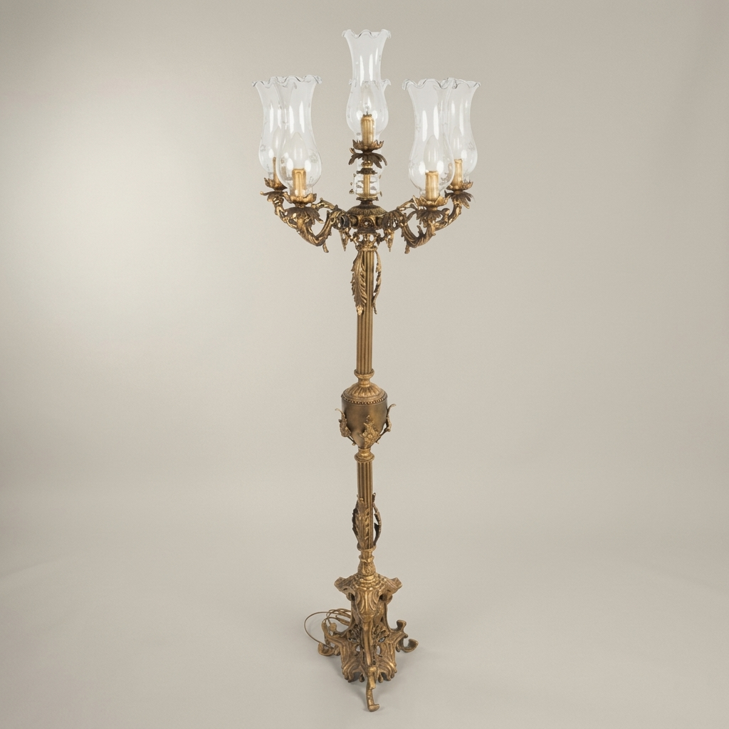 Baroque Five-Arm Brass Candelabra Floor Lamp with Fluted Column & Blown Glass Shades — Antique Gold
