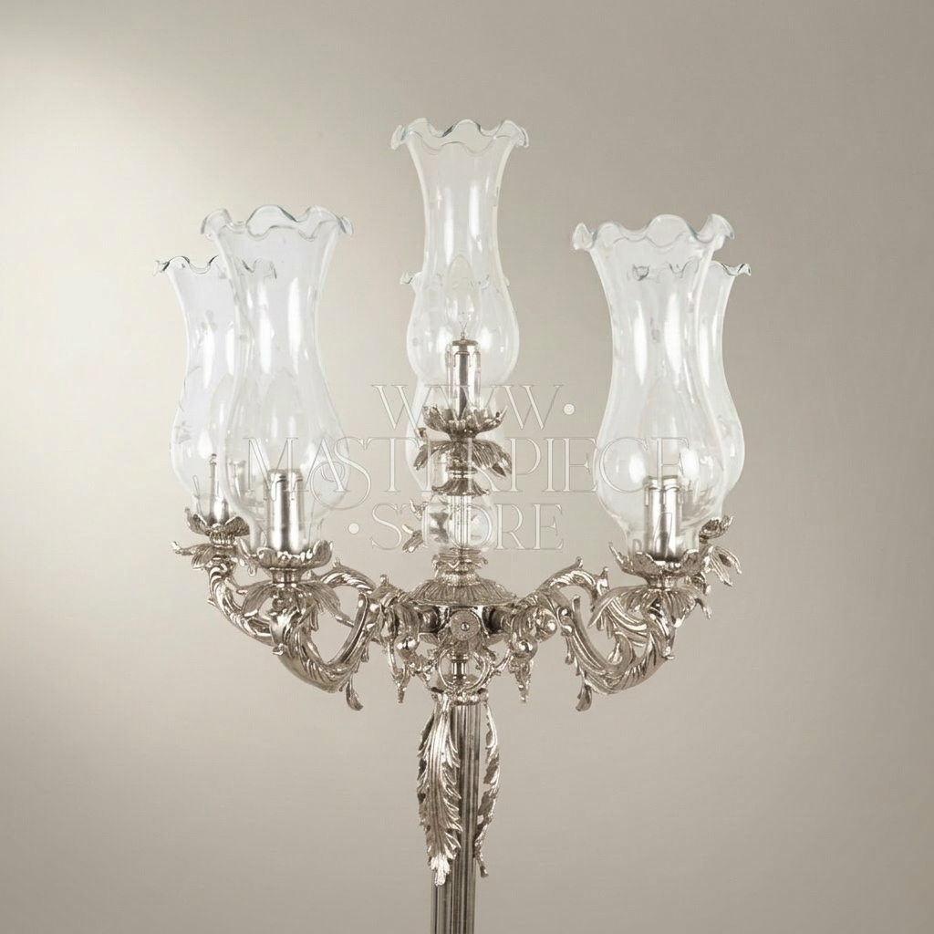 Baroque Five-Arm Brass Candelabra Floor Lamp with Fluted Column & Blown Glass Shades — Silver