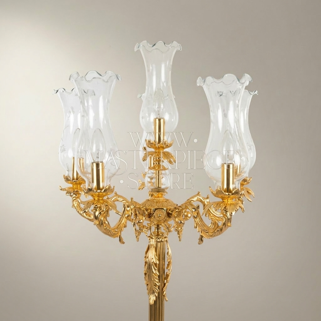 Baroque Five-Arm Brass Candelabra Floor Lamp with Fluted Column & Blown Glass Shades