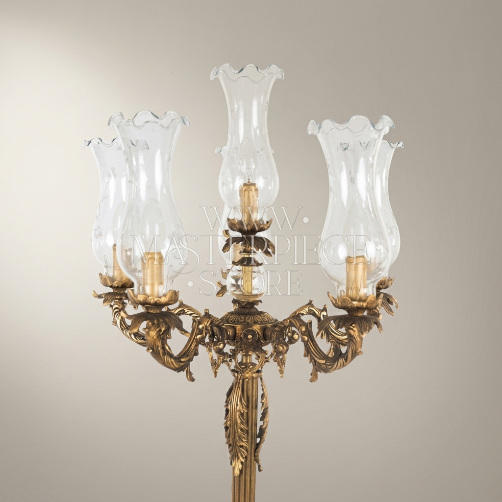 Baroque Five-Arm Brass Candelabra Floor Lamp with Fluted Column & Blown Glass Shades — Antique Gold