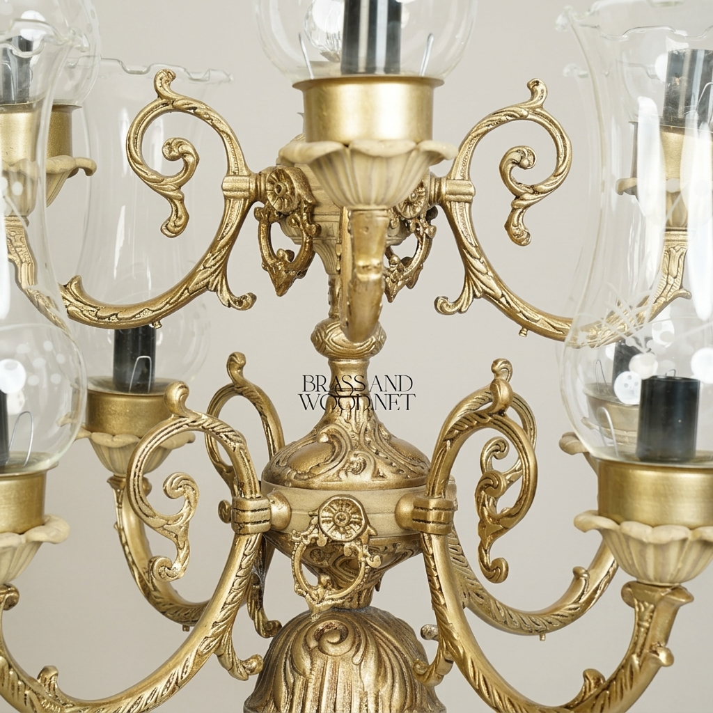 Baroque Five-Arm Brass Candelabra Table Lamp with Hurricane Glass Shades — Antique Gold