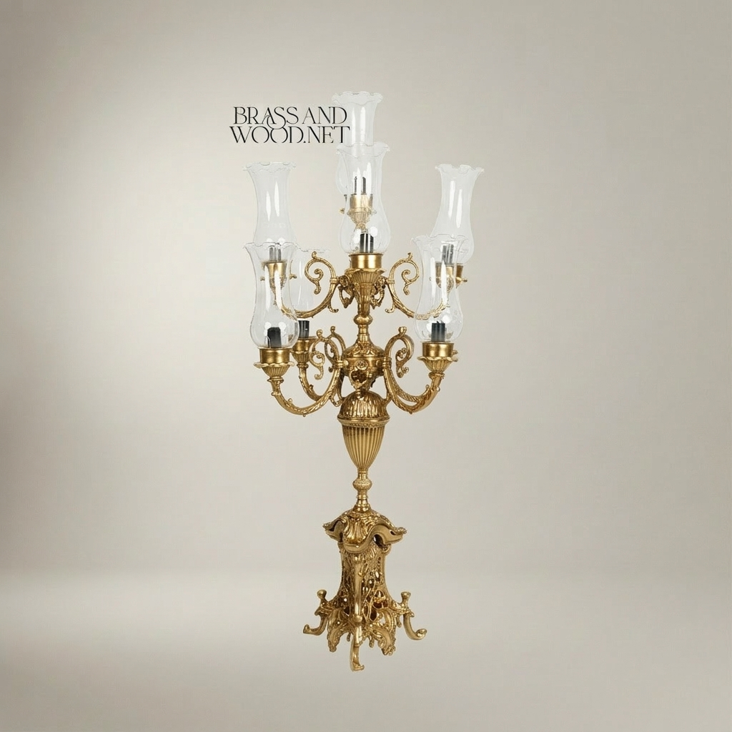 Baroque Five-Arm Brass Candelabra Table Lamp with Hurricane Glass Shades — Gold