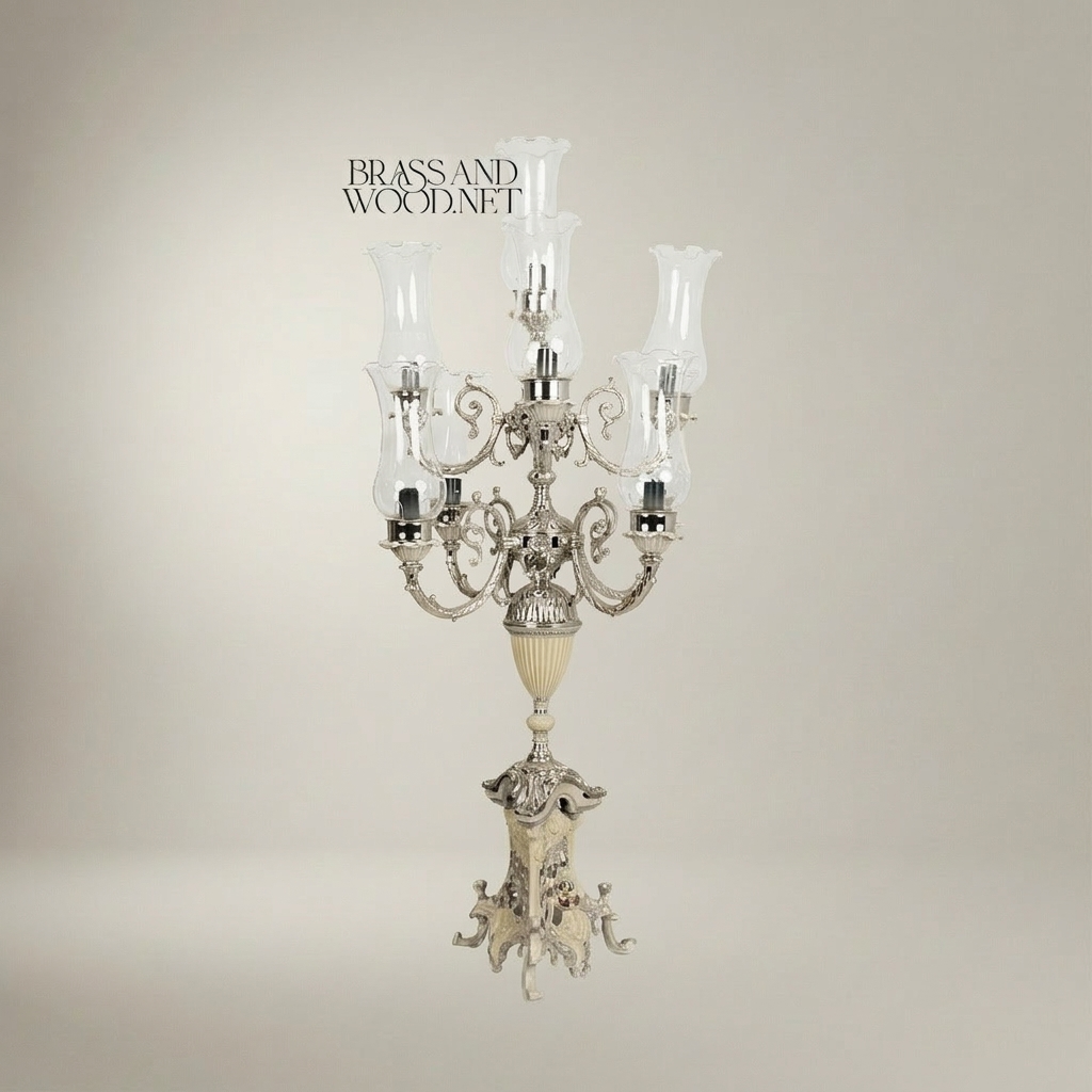Baroque Five-Arm Brass Candelabra Table Lamp with Hurricane Glass Shades — Silver