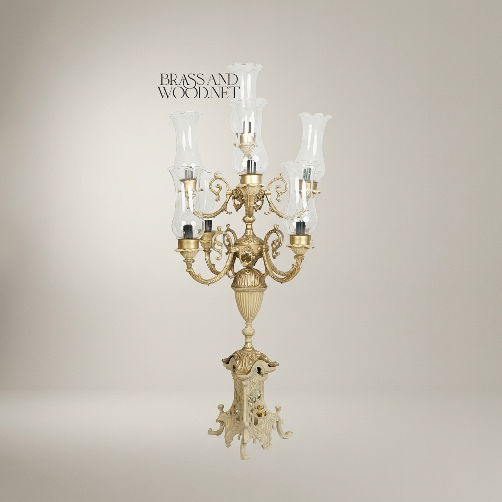 Baroque Five-Arm Brass Candelabra Table Lamp with Hurricane Glass Shades — Antique Gold