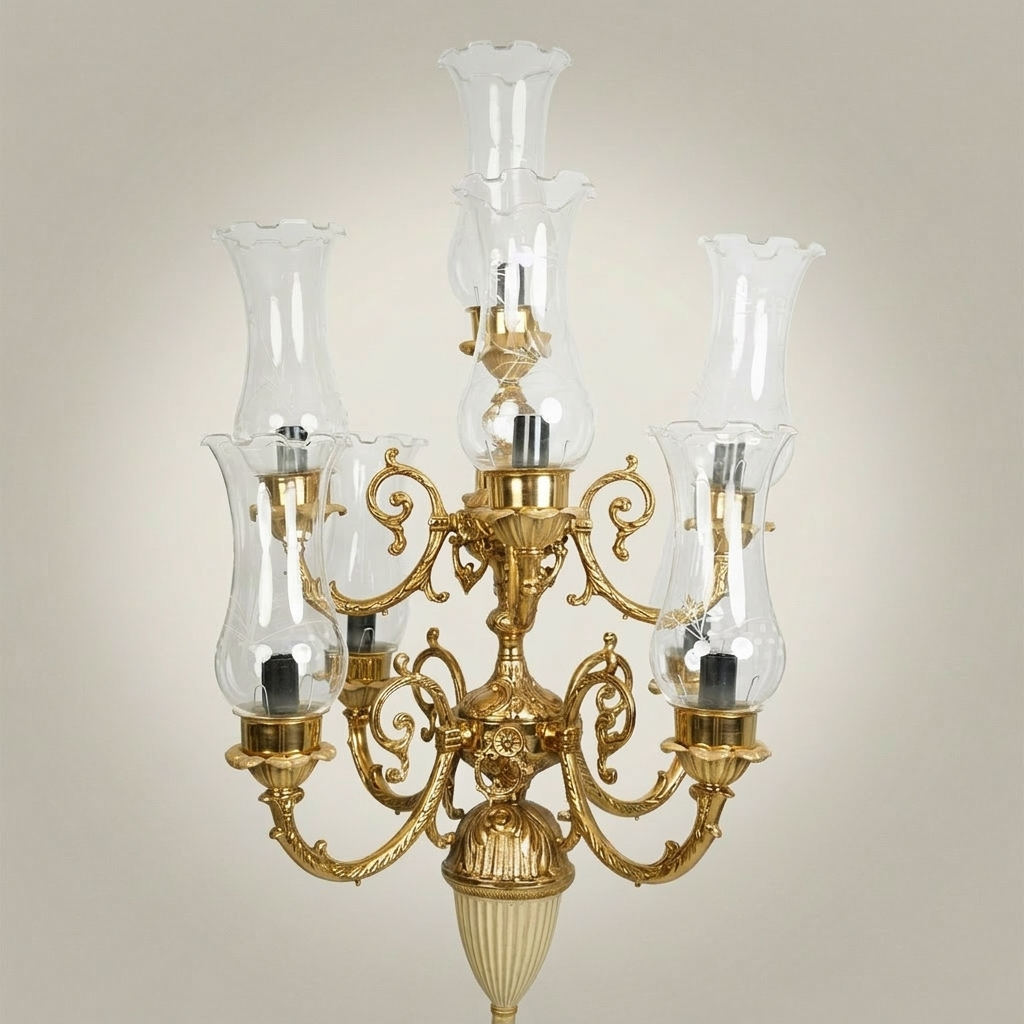 Baroque Five-Arm Brass Candelabra Table Lamp with Hurricane Glass Shades