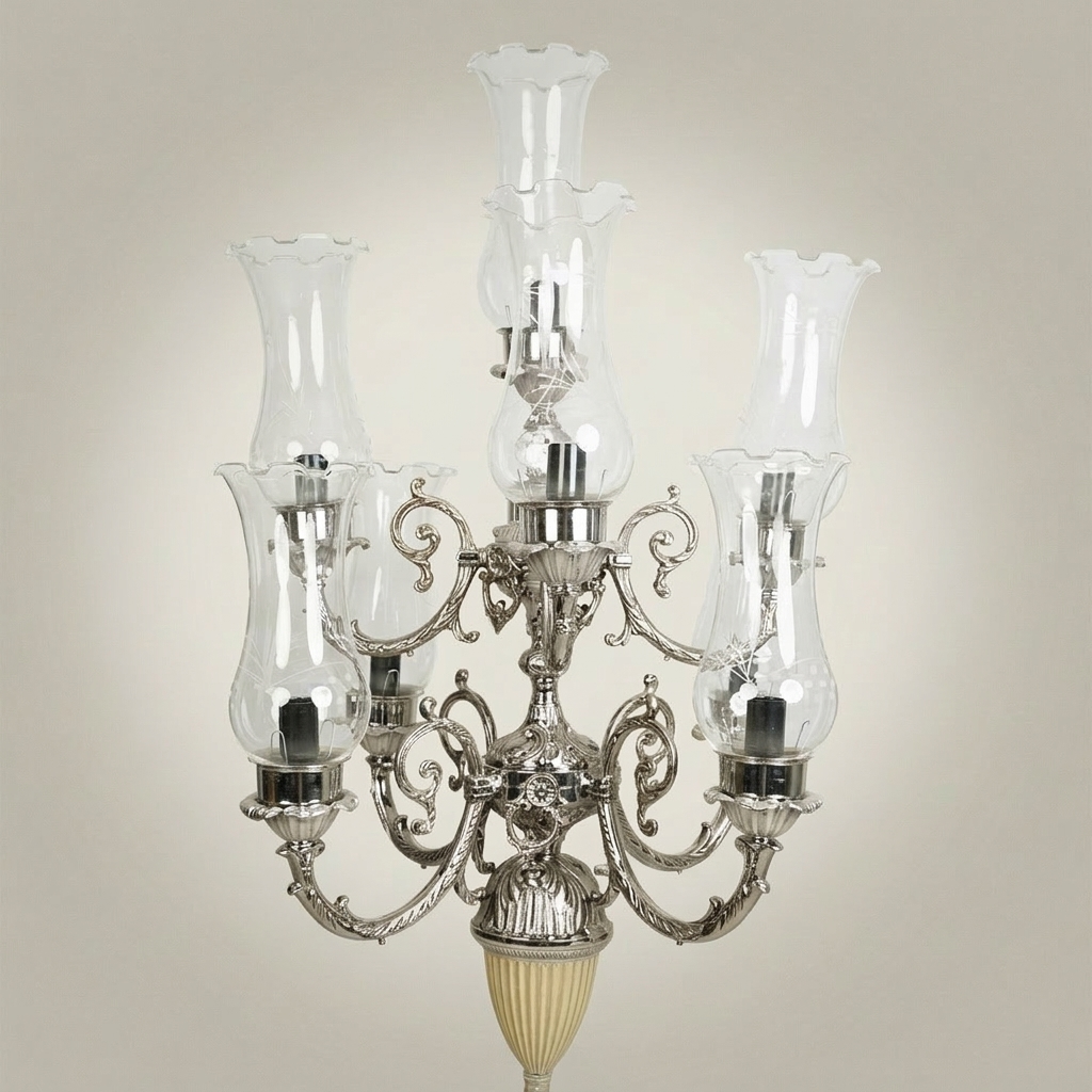 Baroque Five-Arm Brass Candelabra Table Lamp with Hurricane Glass Shades — Silver