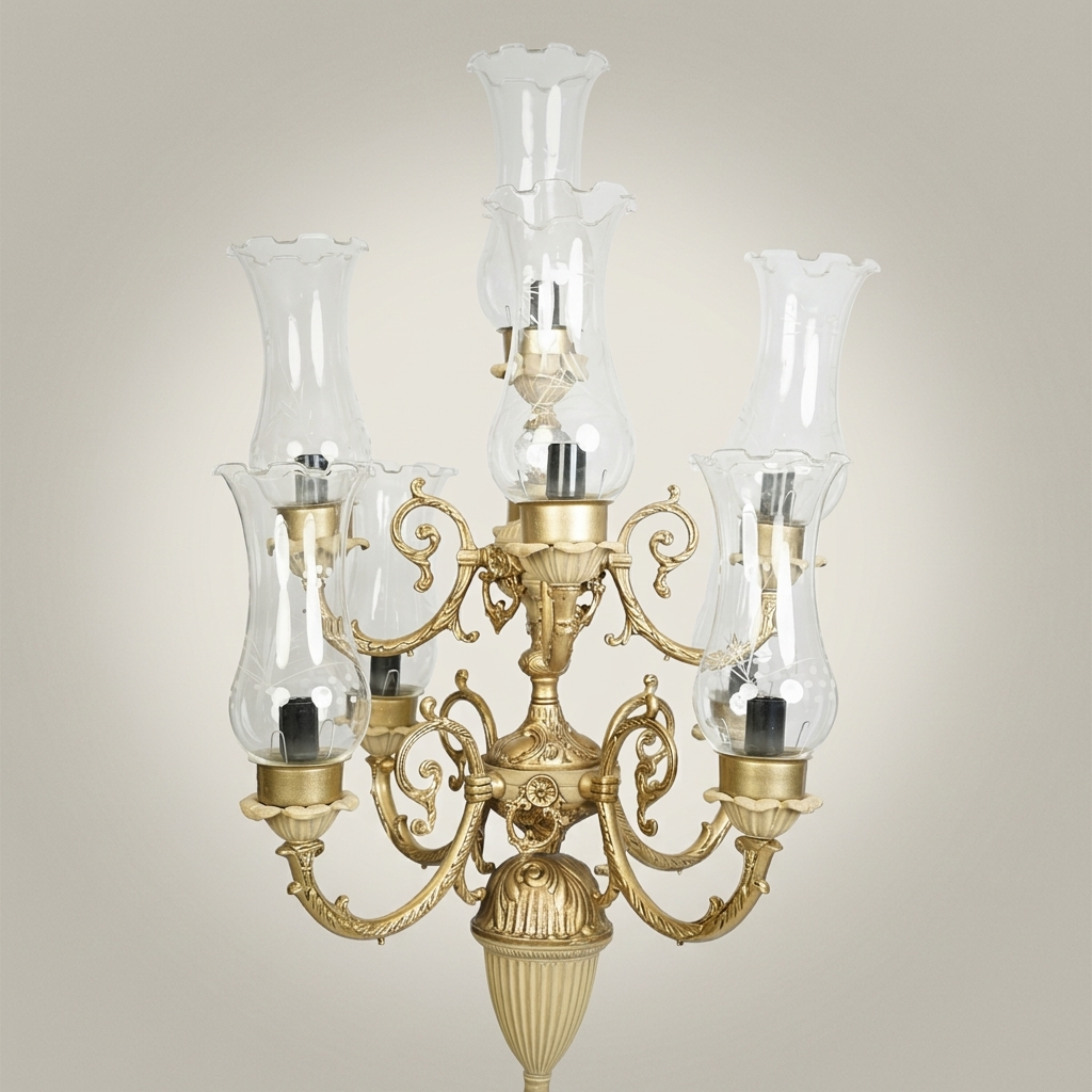Baroque Five-Arm Brass Candelabra Table Lamp with Hurricane Glass Shades — Antique Gold