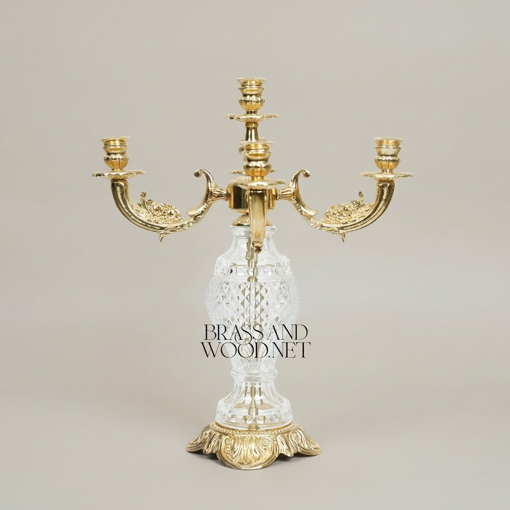 Baroque Five-Arm Candelabra with Diamond-Cut Crystal Sphere & Acanthus Brass Base