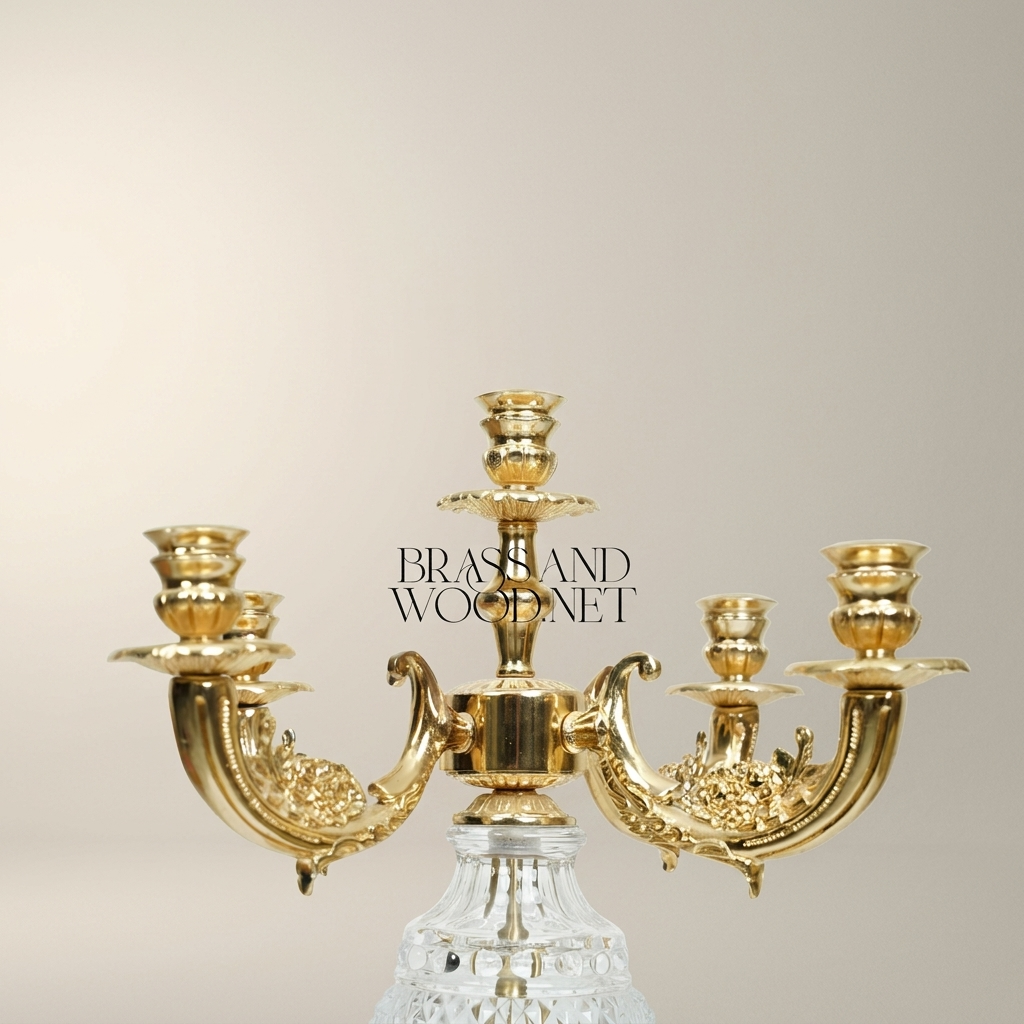 Baroque Five-Arm Candelabra with Diamond-Cut Crystal Sphere & Acanthus Brass Base