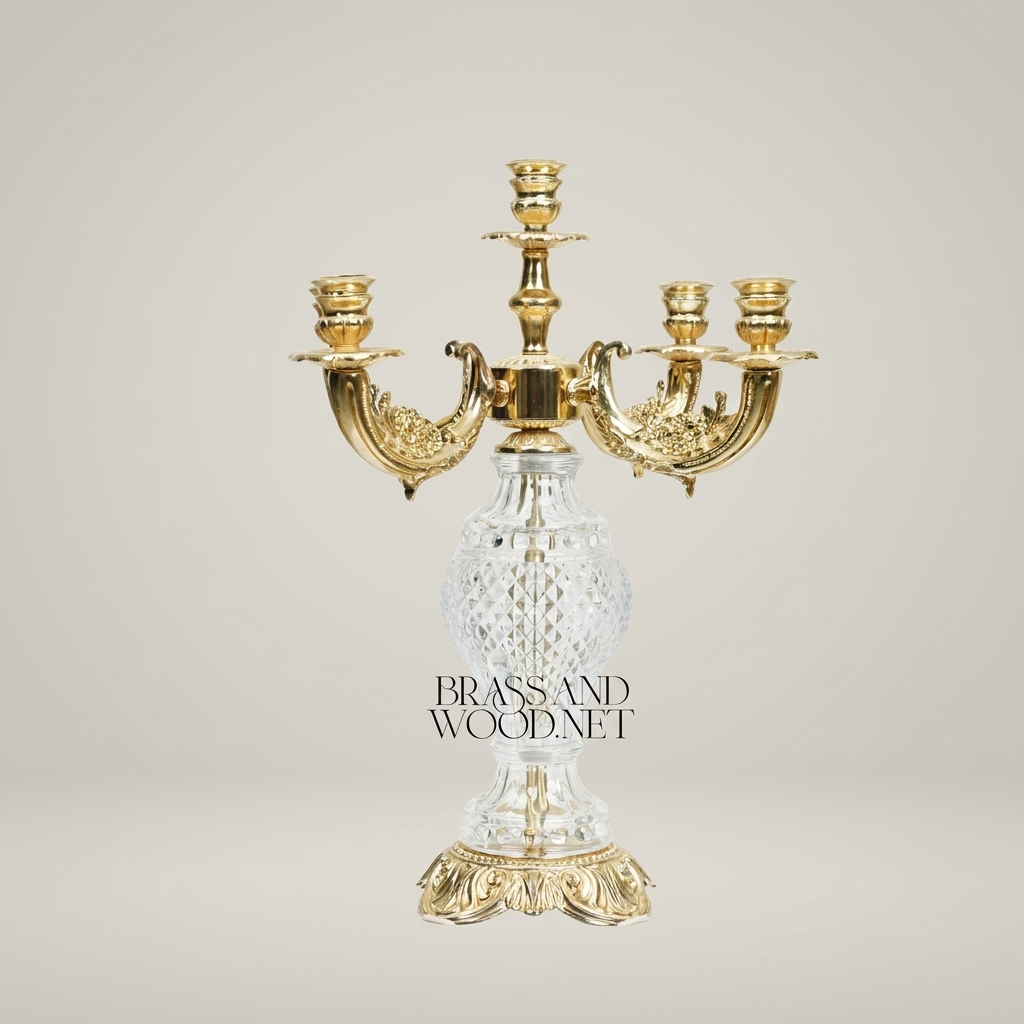 Baroque Five-Arm Candelabra with Diamond-Cut Crystal Sphere & Acanthus Brass Base — Gold