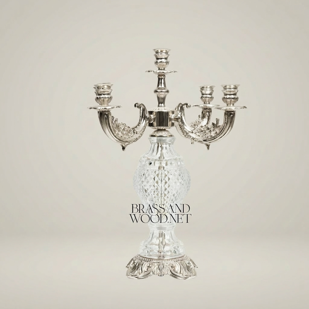 Baroque Five-Arm Candelabra with Diamond-Cut Crystal Sphere & Acanthus Brass Base — Silver