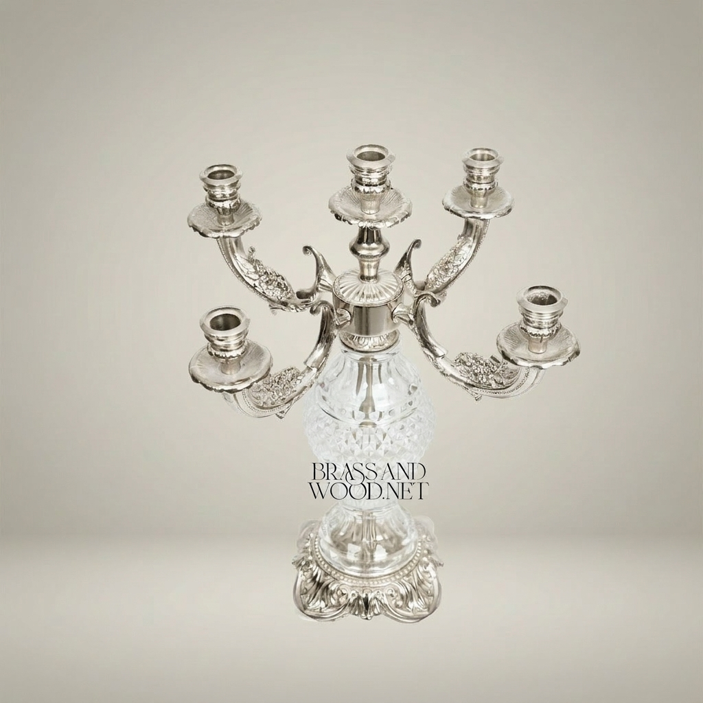 Baroque Five-Arm Candelabra with Diamond-Cut Crystal Sphere & Acanthus Brass Base — Silver