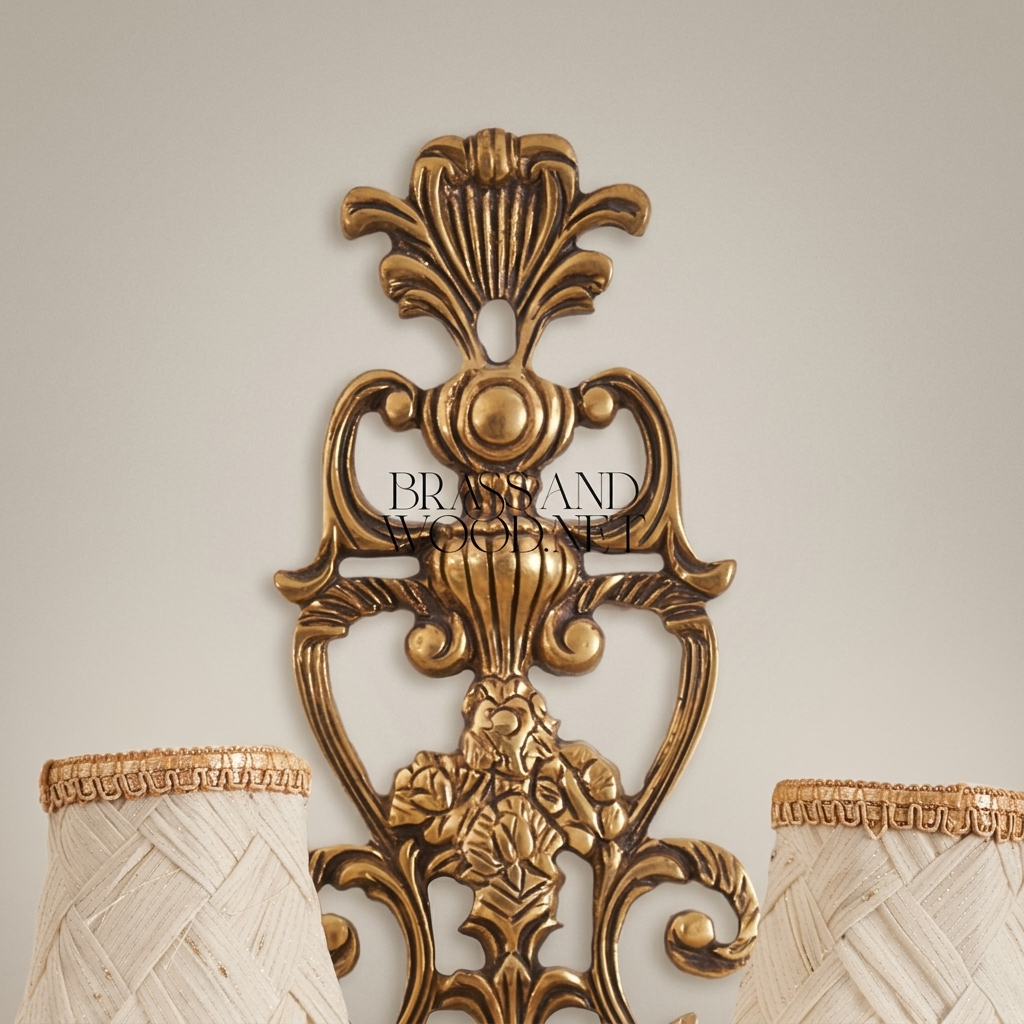 Baroque Five-Arm Cast Brass Wall Sconce with Woven Cream Shades & Anthemion Crest