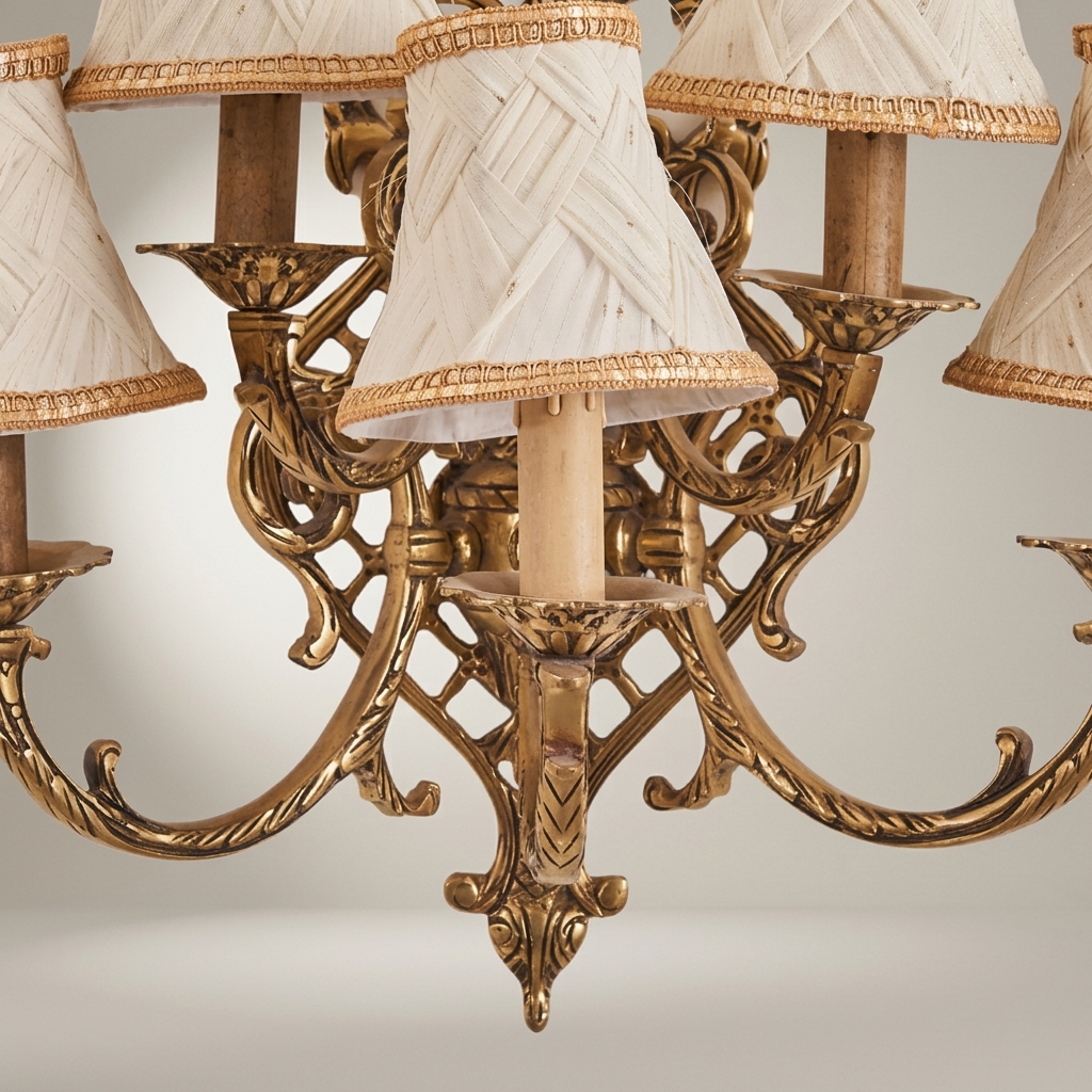 Baroque Five-Arm Cast Brass Wall Sconce with Woven Cream Shades & Anthemion Crest — Antique Gold