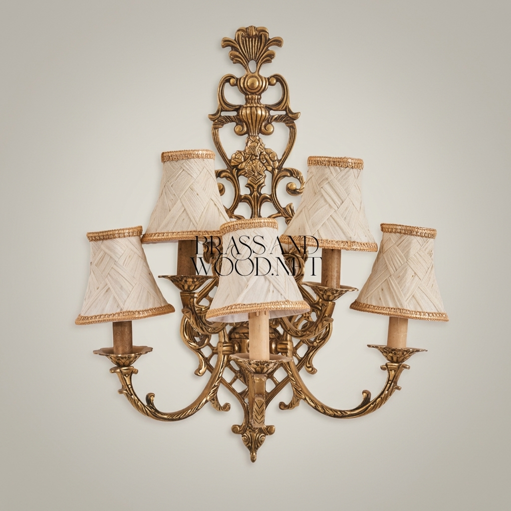 Baroque Five-Arm Cast Brass Wall Sconce with Woven Cream Shades & Anthemion Crest — Antique Gold