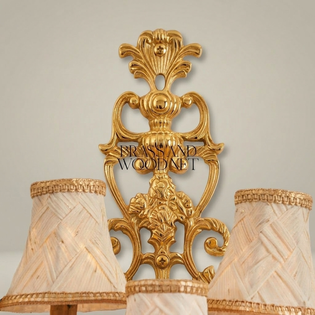 Baroque Five-Arm Cast Brass Wall Sconce with Woven Cream Shades & Anthemion Crest — Gold