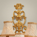 Baroque Five-Arm Cast Brass Wall Sconce with Woven Cream Shades & Anthemion Crest — Gold