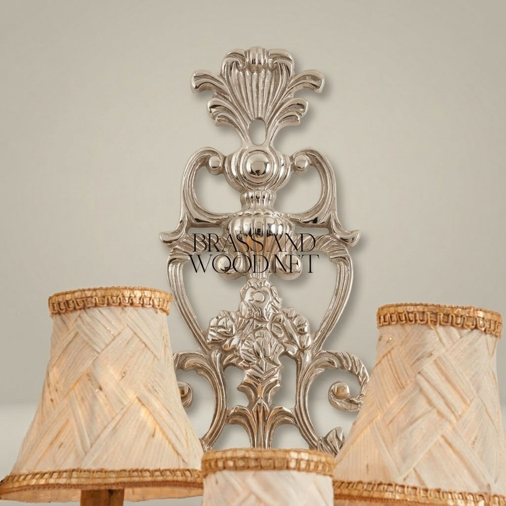 Baroque Five-Arm Cast Brass Wall Sconce with Woven Cream Shades & Anthemion Crest — Silver