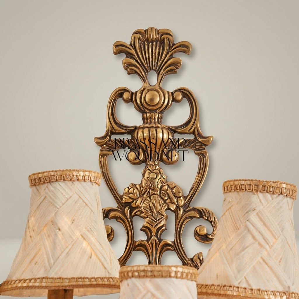 Baroque Five-Arm Cast Brass Wall Sconce with Woven Cream Shades & Anthemion Crest — Antique Gold