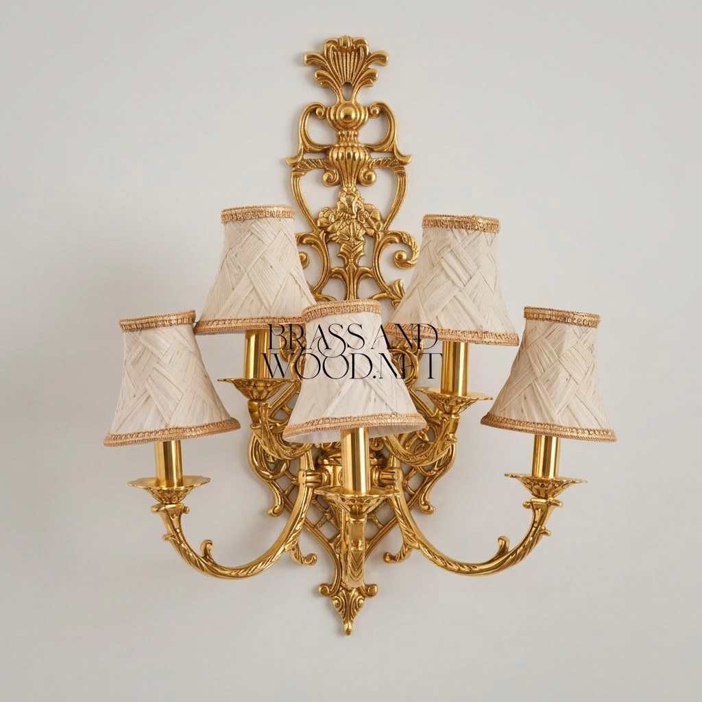 Baroque Five-Arm Cast Brass Wall Sconce with Woven Cream Shades & Anthemion Crest — Gold