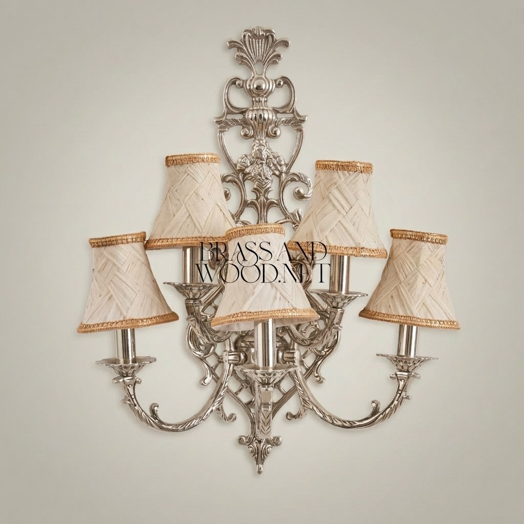Baroque Five-Arm Cast Brass Wall Sconce with Woven Cream Shades & Anthemion Crest — Silver