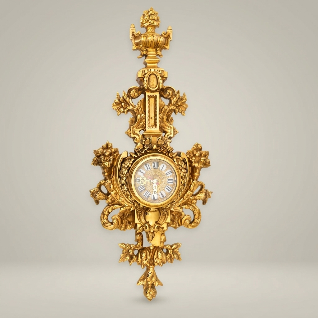 Baroque Gilded Cartel Wall Clock with Urn Finial & Acanthus Scrollwork