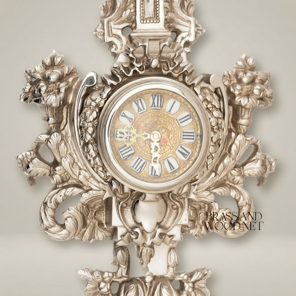 Baroque Gilded Cartel Wall Clock with Urn Finial & Acanthus Scrollwork — Silver