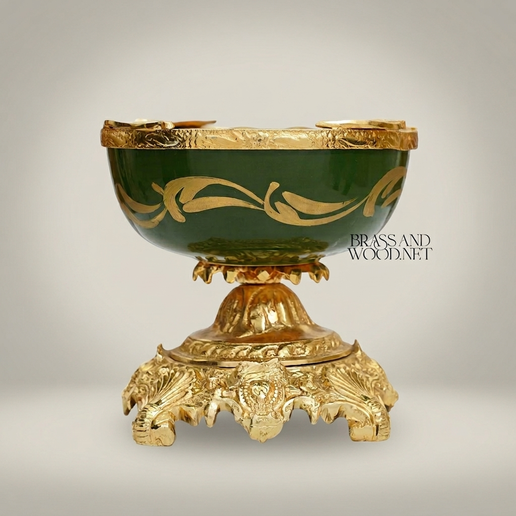 Baroque Gilt-Brass & Forest Green Ceramic Pedestal Ashtray - Acanthus Scroll Base
