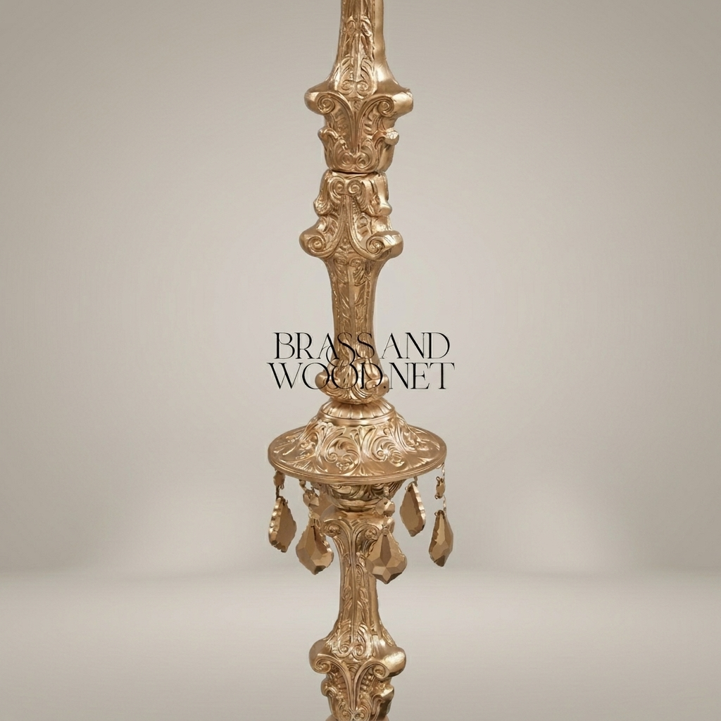 Baroque Hand-Carved Brass Floor Lamp with Crystal Drops & Pleated Ivory Shade — Silver