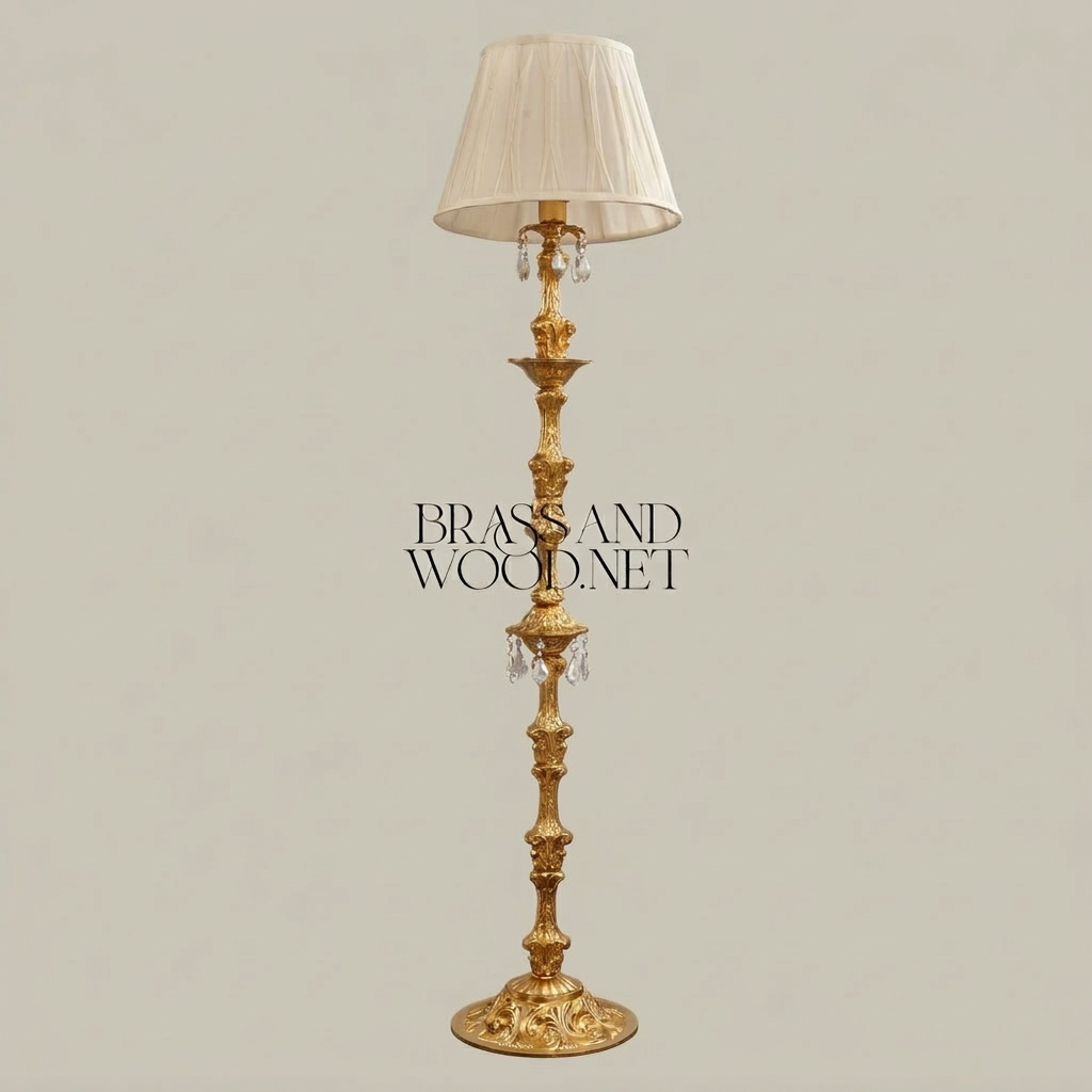 Baroque Hand-Carved Brass Floor Lamp with Crystal Drops & Pleated Ivory Shade — Gold