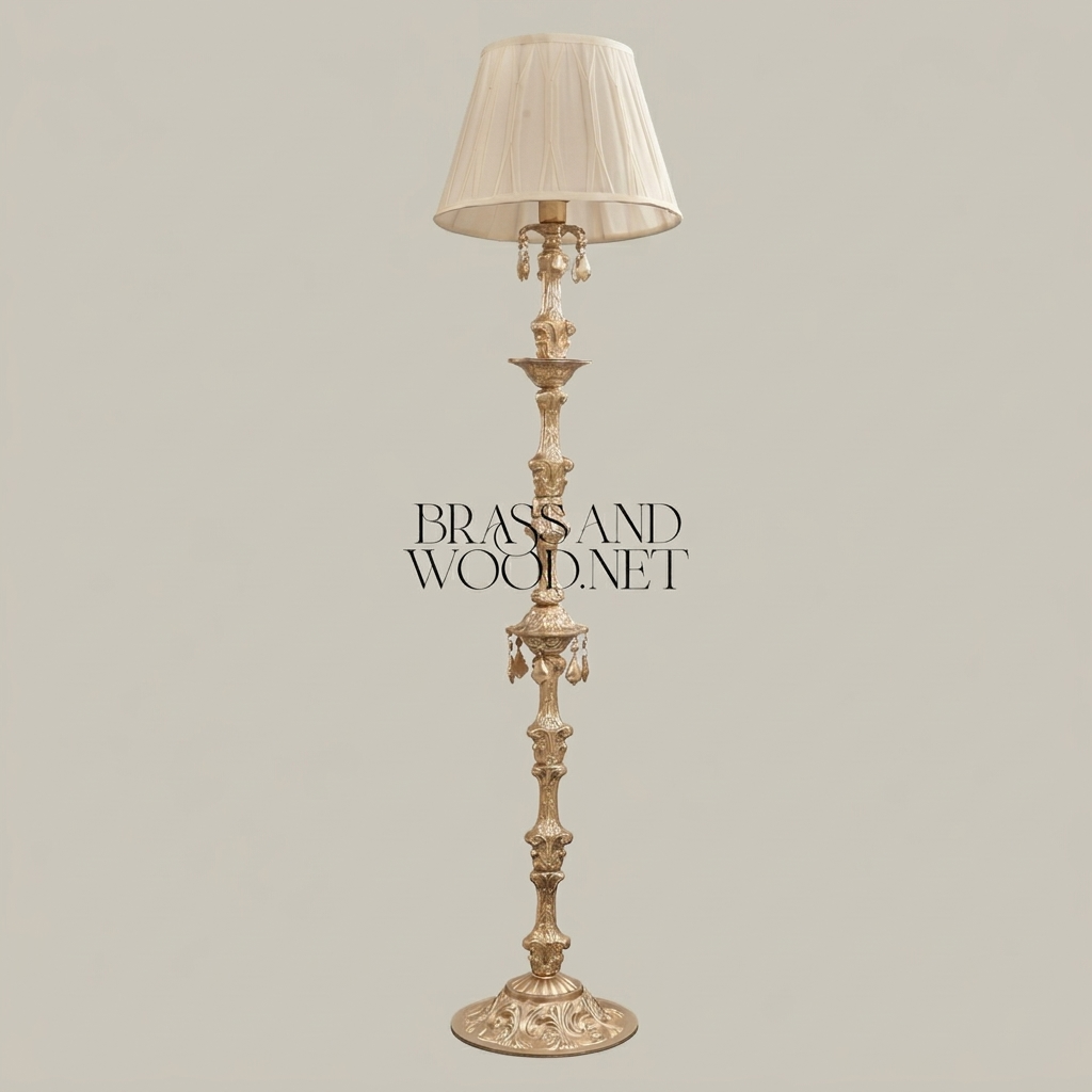 Baroque Hand-Carved Brass Floor Lamp with Crystal Drops & Pleated Ivory Shade — Silver