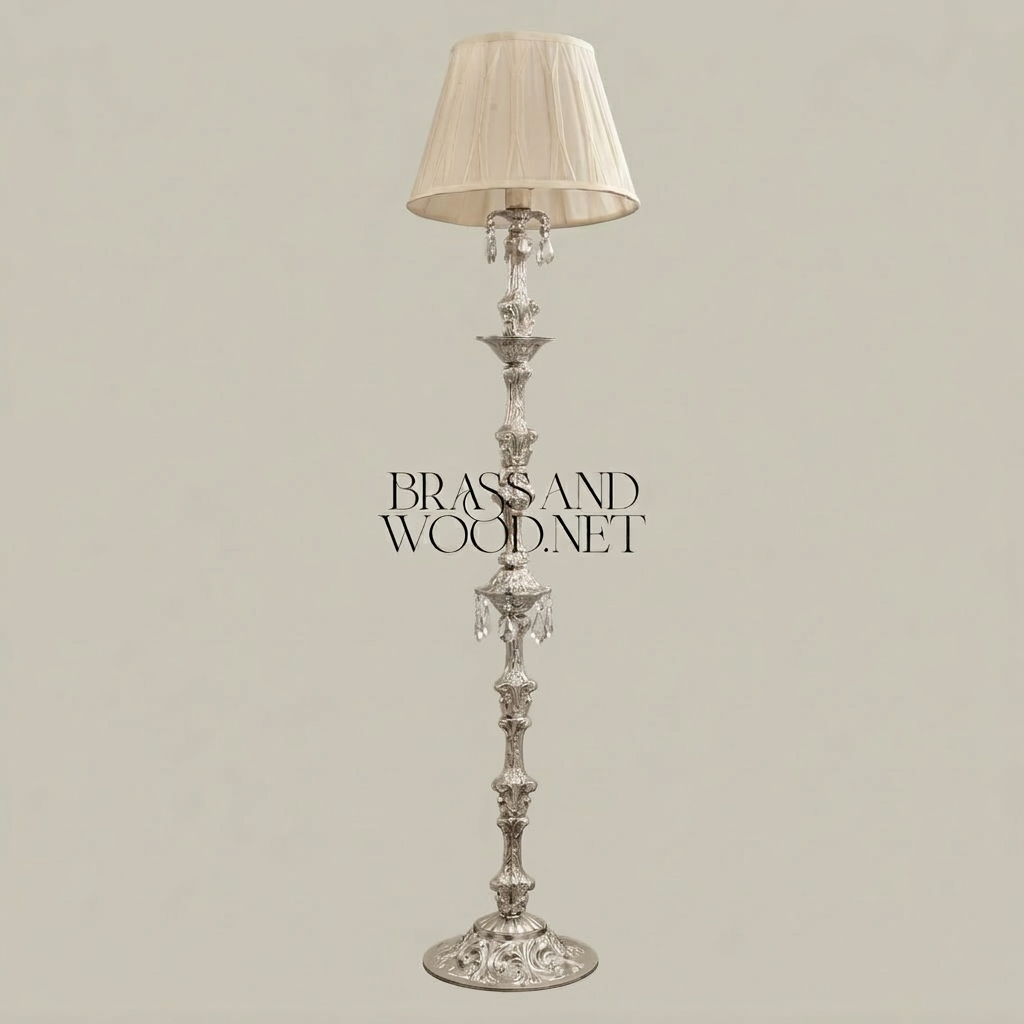 Baroque Hand-Carved Brass Floor Lamp with Crystal Drops & Pleated Ivory Shade — Antique Gold