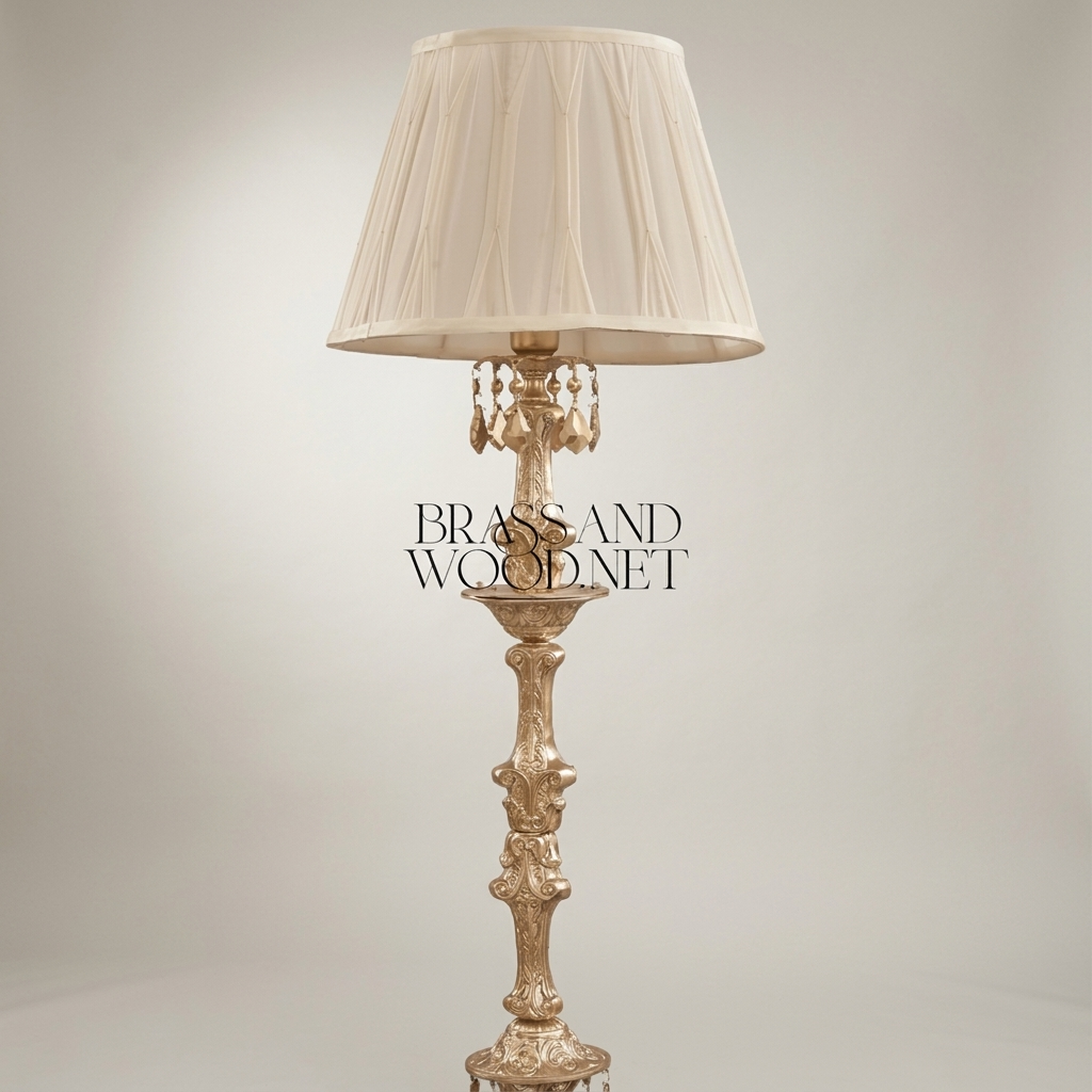 Baroque Hand-Carved Brass Floor Lamp with Crystal Drops & Pleated Ivory Shade — Silver