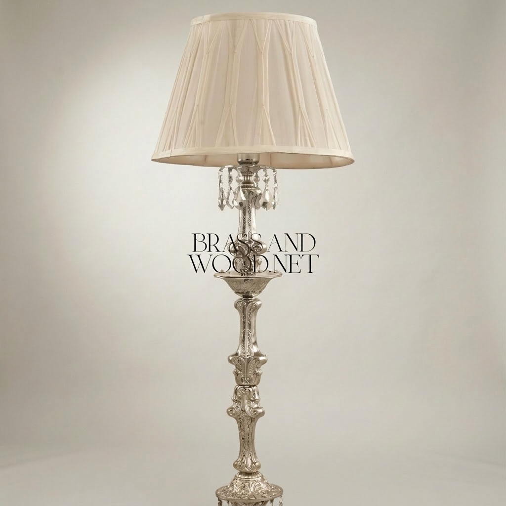 Baroque Hand-Carved Brass Floor Lamp with Crystal Drops & Pleated Ivory Shade — Antique Gold