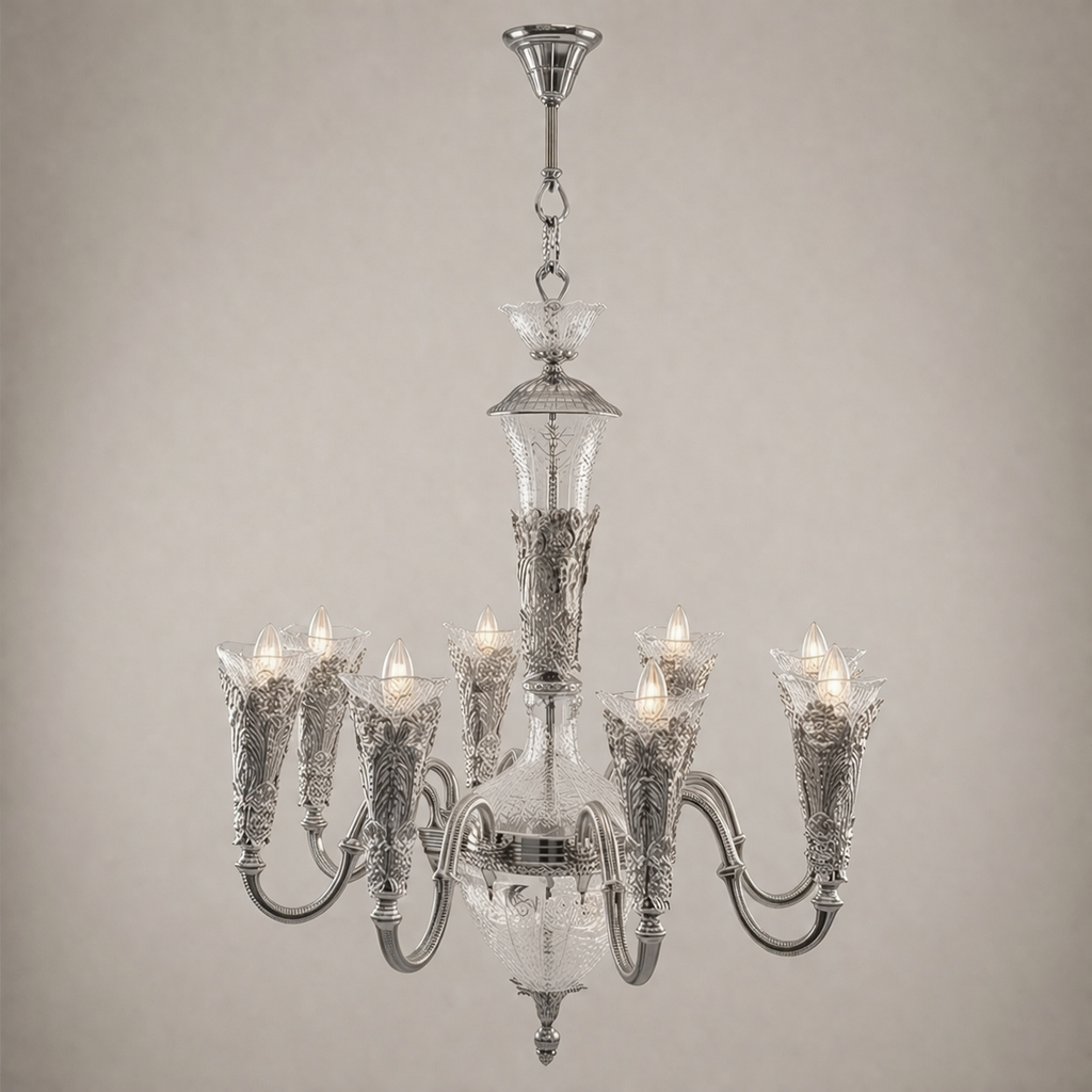 Baroque Hand-Cast Brass & Cut Crystal Chandelier - 8-Arm Acanthus Torchère — Silver