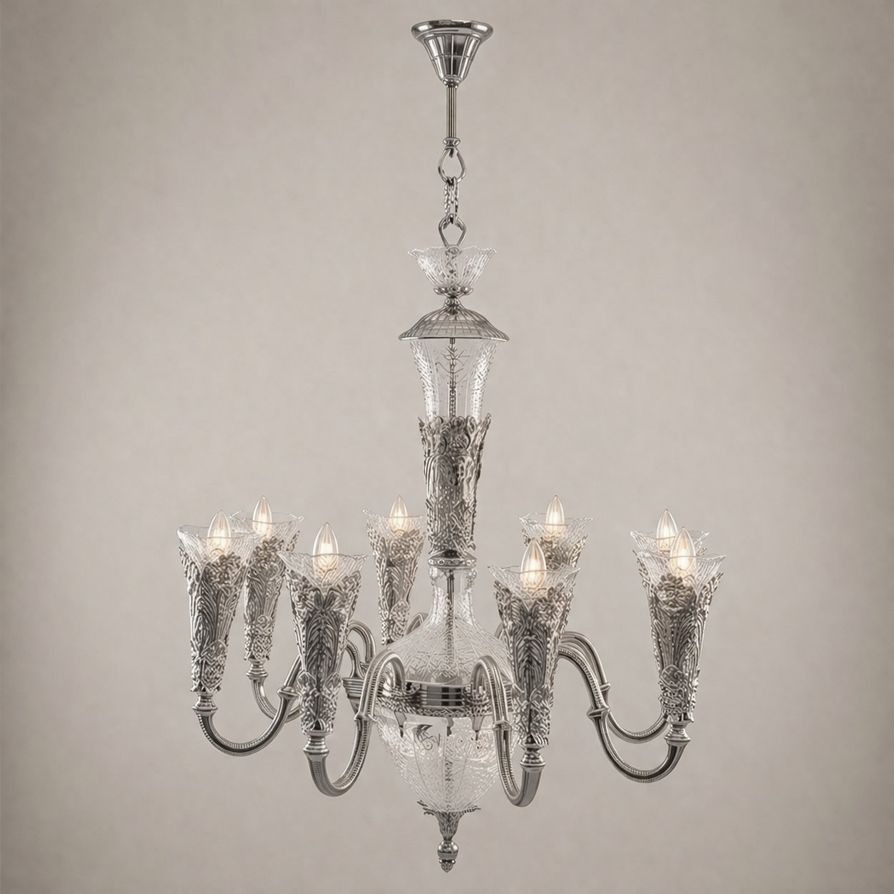 Baroque Hand-Cast Brass & Cut Crystal Chandelier - 8-Arm Acanthus Torchère — Silver