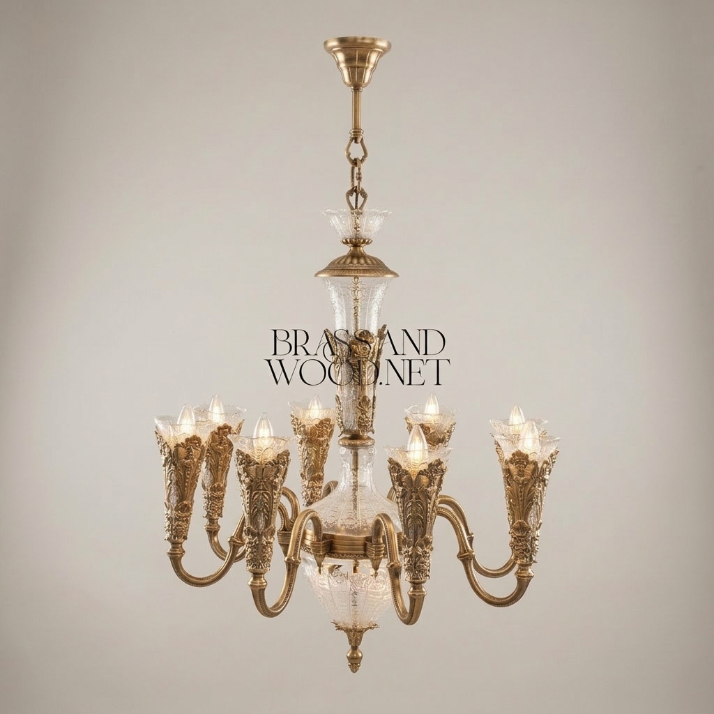 Baroque Hand-Cast Brass & Cut Crystal Chandelier - 8-Arm Acanthus Torchère — Antique Gold
