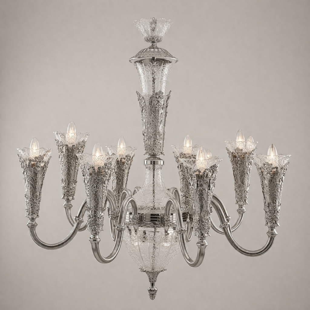 Baroque Hand-Cast Brass & Cut Crystal Chandelier - 8-Arm Acanthus Torchère — Silver