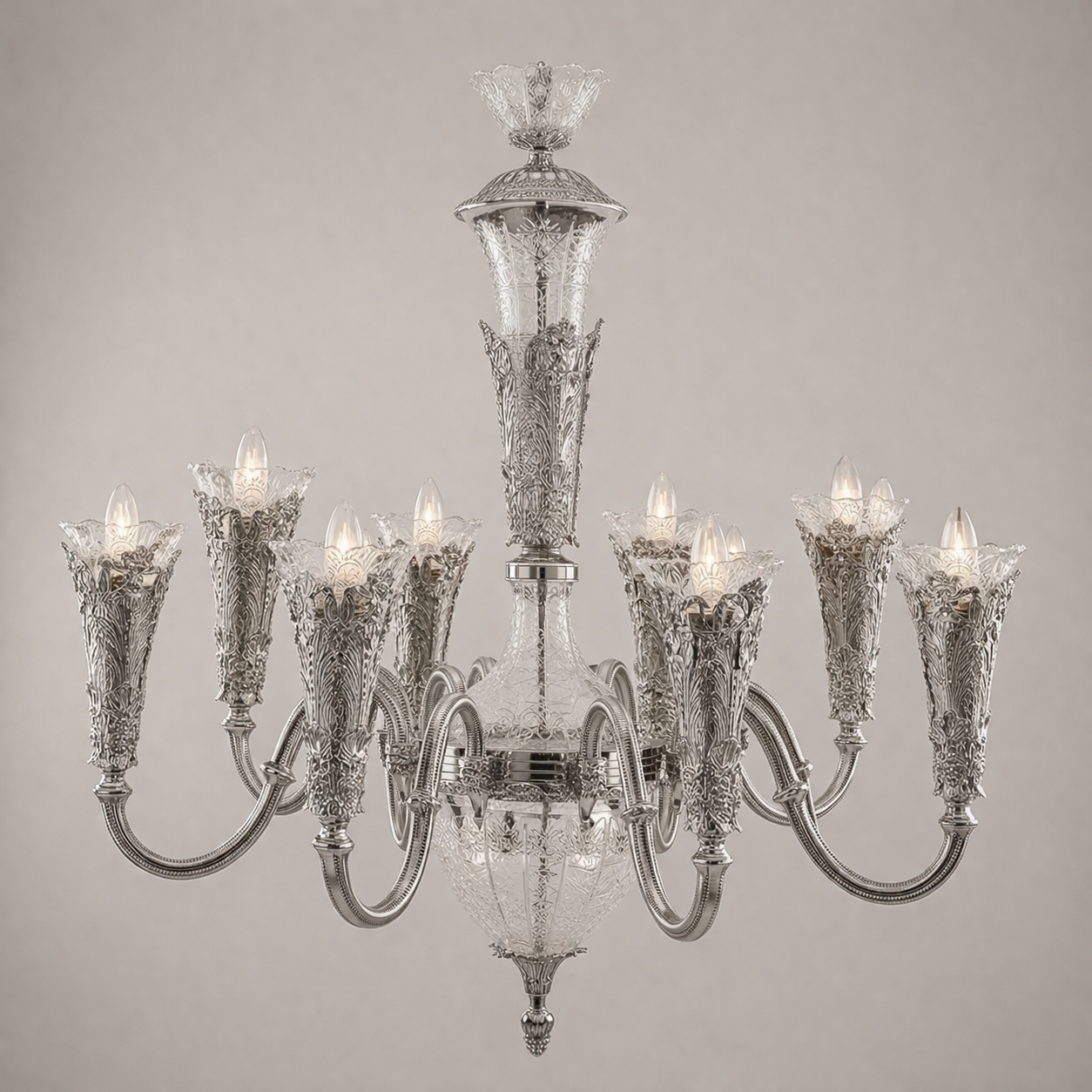 Baroque Hand-Cast Brass & Cut Crystal Chandelier - 8-Arm Acanthus Torchère — Silver
