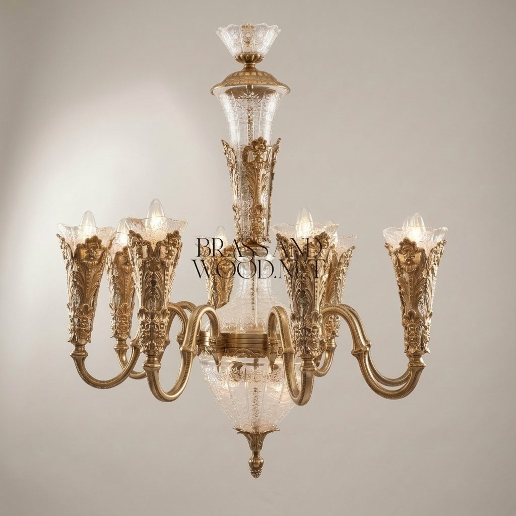 Baroque Hand-Cast Brass & Cut Crystal Chandelier - 8-Arm Acanthus Torchère — Antique Gold