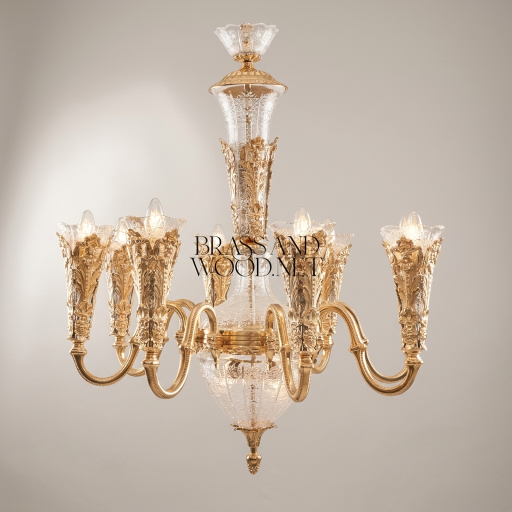 Baroque Hand-Cast Brass & Cut Crystal Chandelier - 8-Arm Acanthus Torchère