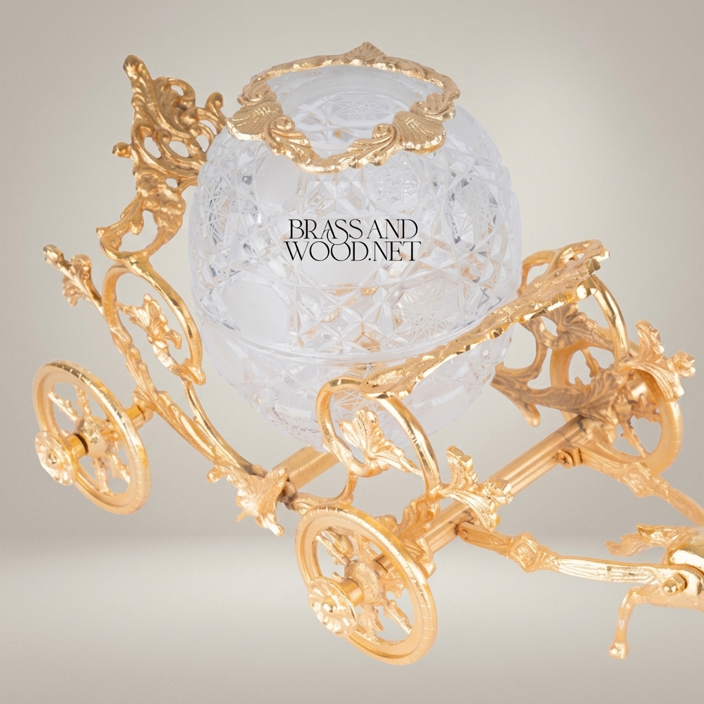 Baroque Horse-Drawn Carriage Tissue Box in Ornate Brass & Crystal Globe — Gold
